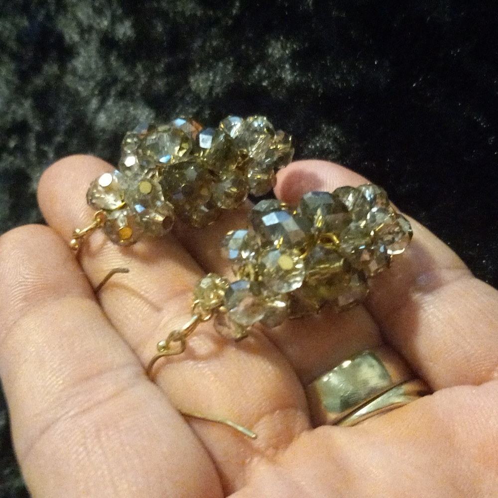 Elegant smoky Qurtz Crystal & Gold Tone Crystal Cluster Dangle Earrings